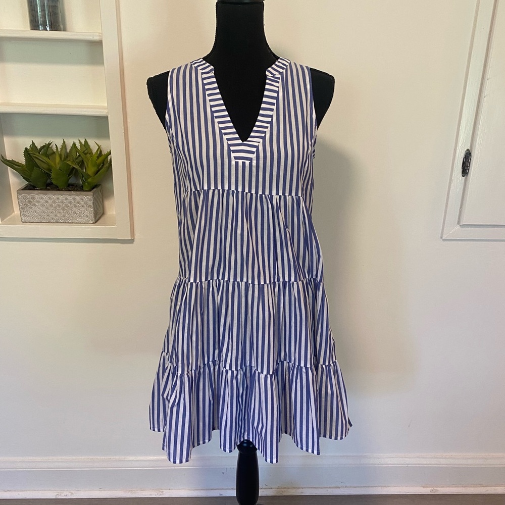 Pomander Place Blue and White Striped Sleeveless Tiered Dress